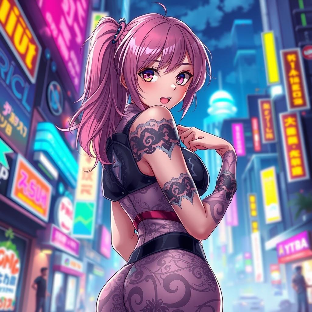 A highly attractive anime girl with vibrant hair and striking eyes, in a captivating pose