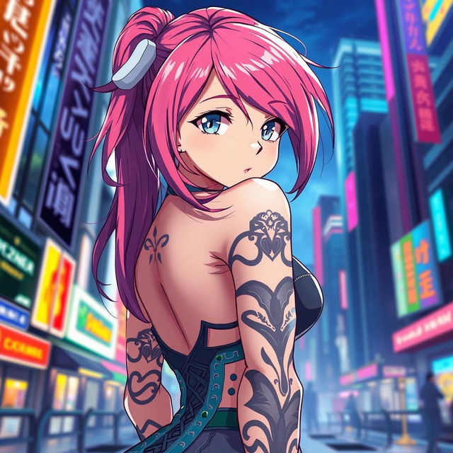 A highly attractive anime girl with vibrant hair and striking eyes, in a captivating pose