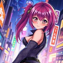 A highly attractive anime girl with vibrant hair and striking eyes, in a captivating pose