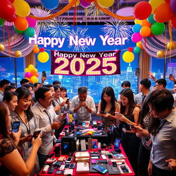 A festive New Year's celebration for 2025, showcasing a vibrant and lively gathering