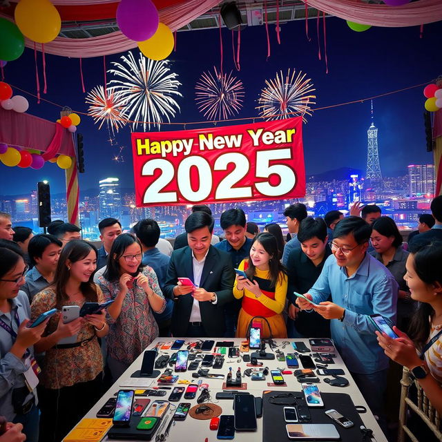 A festive New Year's celebration for 2025, showcasing a vibrant and lively gathering