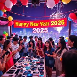 A festive New Year's celebration for 2025, showcasing a vibrant and lively gathering