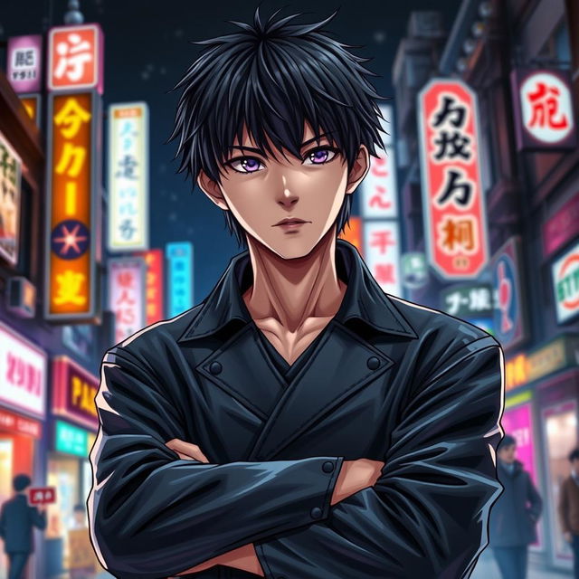 A captivating light novel cover featuring a young adult male character with shaggy black hair and striking purple eyes