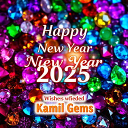 A vibrant and festive Happy New Year 2025 poster featuring a stunning gem-background filled with colorful and sparkling gemstones