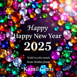 A vibrant and festive Happy New Year 2025 poster featuring a stunning gem-background filled with colorful and sparkling gemstones