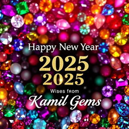 A vibrant and festive Happy New Year 2025 poster featuring a stunning gem-background filled with colorful and sparkling gemstones