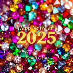 A vibrant and festive Happy New Year 2025 poster featuring a stunning gem-background filled with colorful and sparkling gemstones