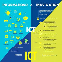 A visually striking and informative poster that illustrates the positive and negative impacts of Information and Communication Technology (ICT)