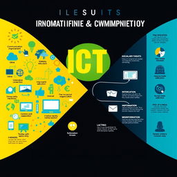 A visually striking and informative poster that illustrates the positive and negative impacts of Information and Communication Technology (ICT)