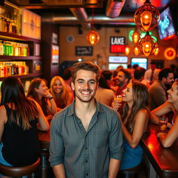 A lively scene of friends enjoying themselves at a vibrant bar