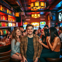A lively scene of friends enjoying themselves at a vibrant bar