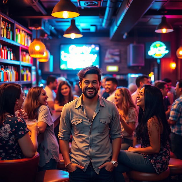 A lively scene of friends enjoying themselves at a vibrant bar