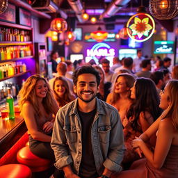 A lively scene of friends enjoying themselves at a vibrant bar