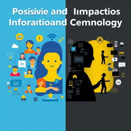 A visually striking landscape poster showcasing the positive and negative impacts of Information and Communication Technology (ICT)