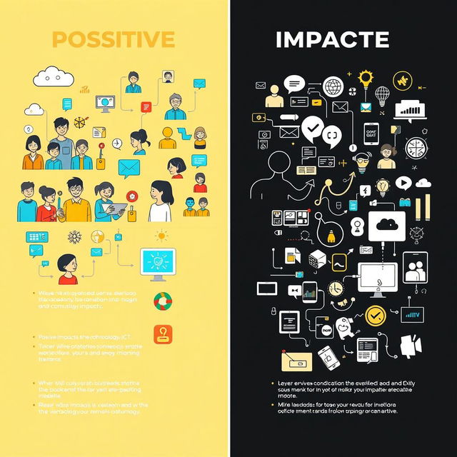 A visually striking landscape poster showcasing the positive and negative impacts of Information and Communication Technology (ICT)