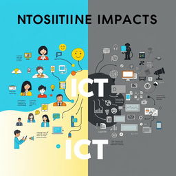 A visually striking landscape poster showcasing the positive and negative impacts of Information and Communication Technology (ICT)