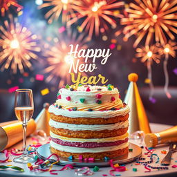 A vibrant, celebratory scene featuring a beautifully decorated cake with festive elements like party hats and confetti
