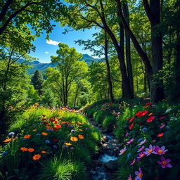 A beautifully detailed backdrop showcasing a lush green forest with vibrant wildflowers blooming in various colors