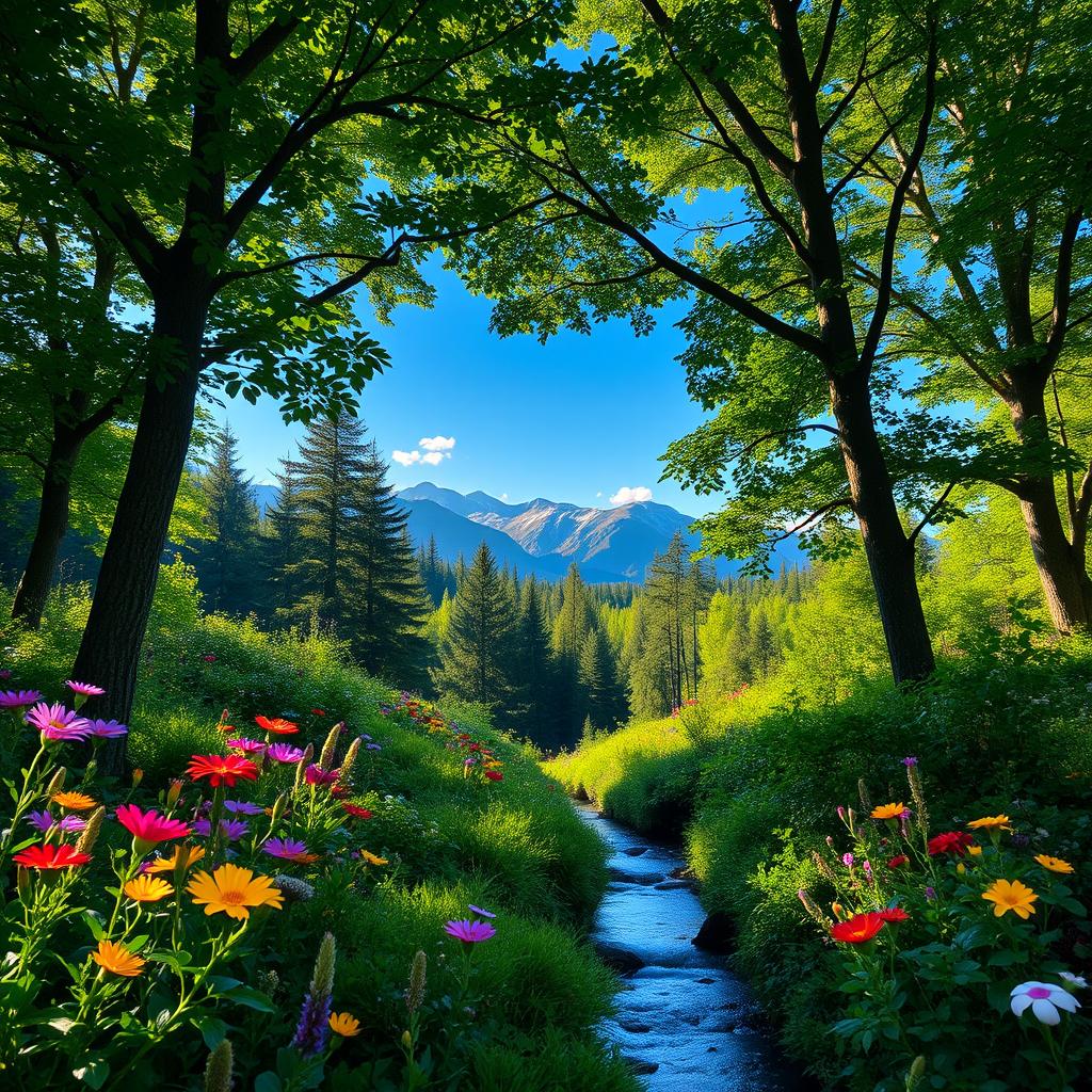 A beautifully detailed backdrop showcasing a lush green forest with vibrant wildflowers blooming in various colors