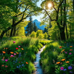 A beautifully detailed backdrop showcasing a lush green forest with vibrant wildflowers blooming in various colors