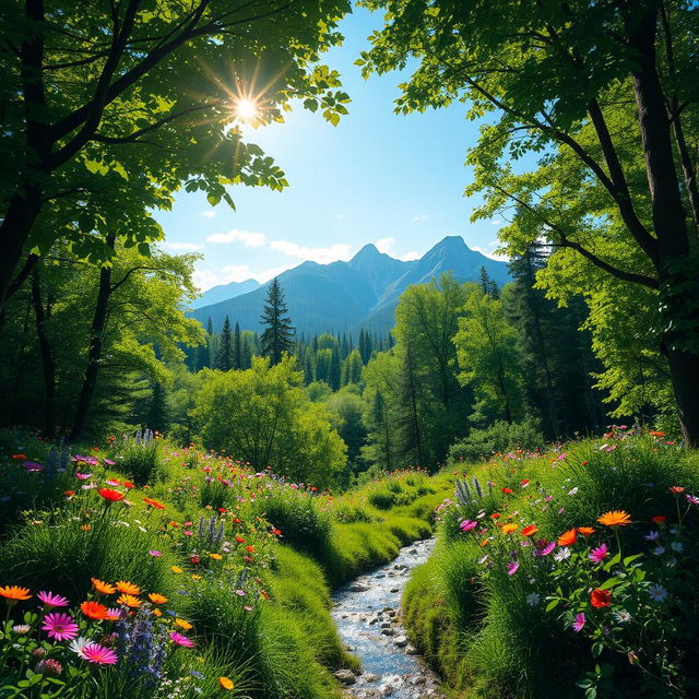 A beautifully detailed backdrop showcasing a lush green forest with vibrant wildflowers blooming in various colors