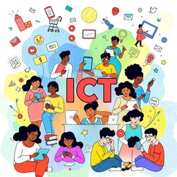 A colorful and engaging poster drawing that symbolizes the positive impacts of technology without using the word 'ICT'