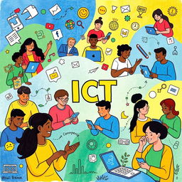 A colorful and engaging poster drawing that symbolizes the positive impacts of technology without using the word 'ICT'