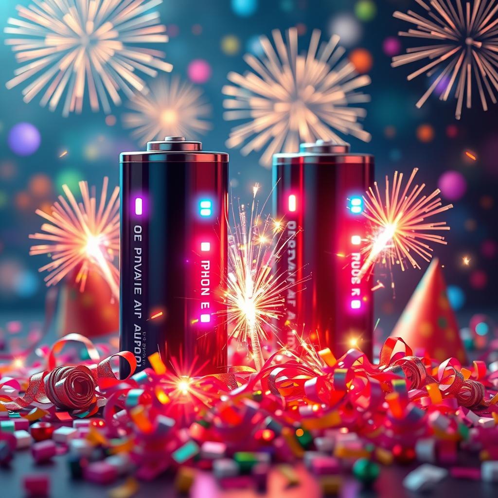 A vibrant digital artwork representing optimum power lithium batteries, adorned with festive New Year decorations