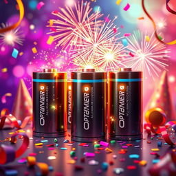 A vibrant digital artwork representing optimum power lithium batteries, adorned with festive New Year decorations