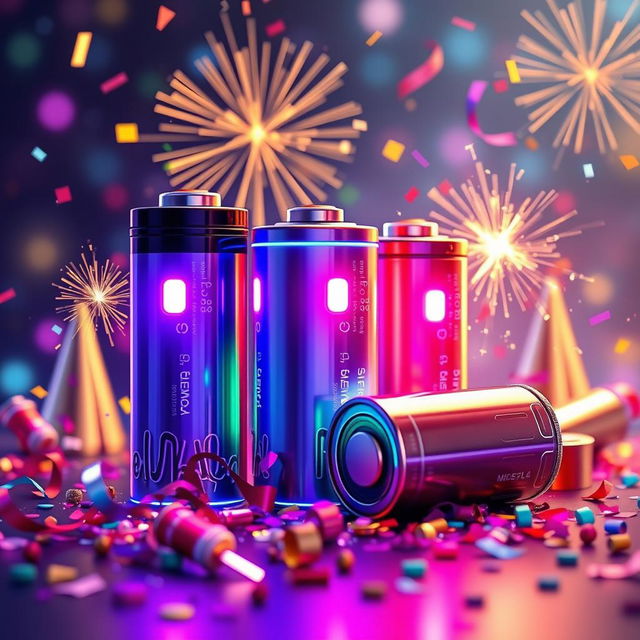 A vibrant digital artwork representing optimum power lithium batteries, adorned with festive New Year decorations