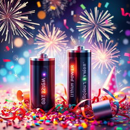 A vibrant digital artwork representing optimum power lithium batteries, adorned with festive New Year decorations