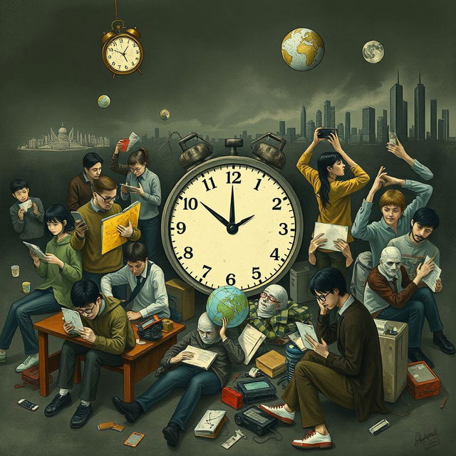 A visual representation illustrating the negative impacts of technology on society, depicting a chaotic scene with people absorbed in their devices, neglecting each other, and showing signs of distress