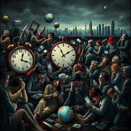 A visual representation illustrating the negative impacts of technology on society, depicting a chaotic scene with people absorbed in their devices, neglecting each other, and showing signs of distress