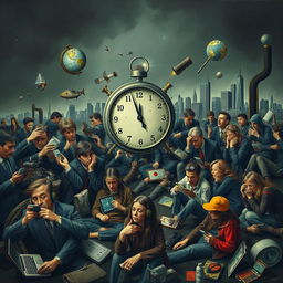 A visual representation illustrating the negative impacts of technology on society, depicting a chaotic scene with people absorbed in their devices, neglecting each other, and showing signs of distress