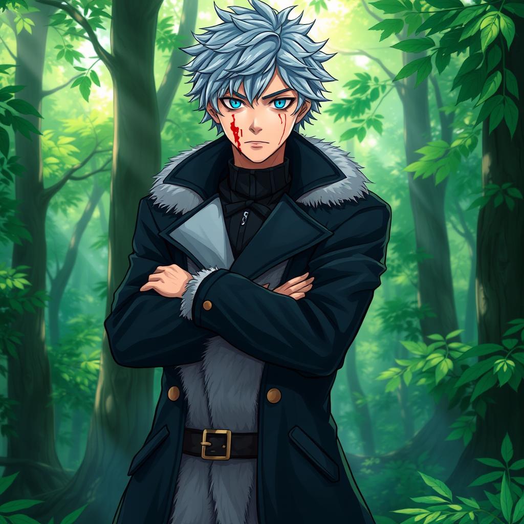 A young adult male character with shaggy light-blue hair and striking aqua blue eyes, dressed in a stylish black coat adorned with a white fur collar