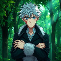 A young adult male character with shaggy light-blue hair and striking aqua blue eyes, dressed in a stylish black coat adorned with a white fur collar