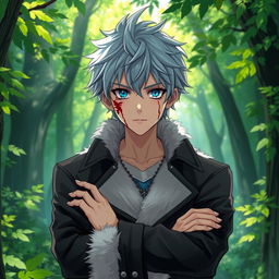 A young adult male character with shaggy light-blue hair and striking aqua blue eyes, dressed in a stylish black coat adorned with a white fur collar
