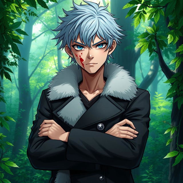 A young adult male character with shaggy light-blue hair and striking aqua blue eyes, dressed in a stylish black coat adorned with a white fur collar