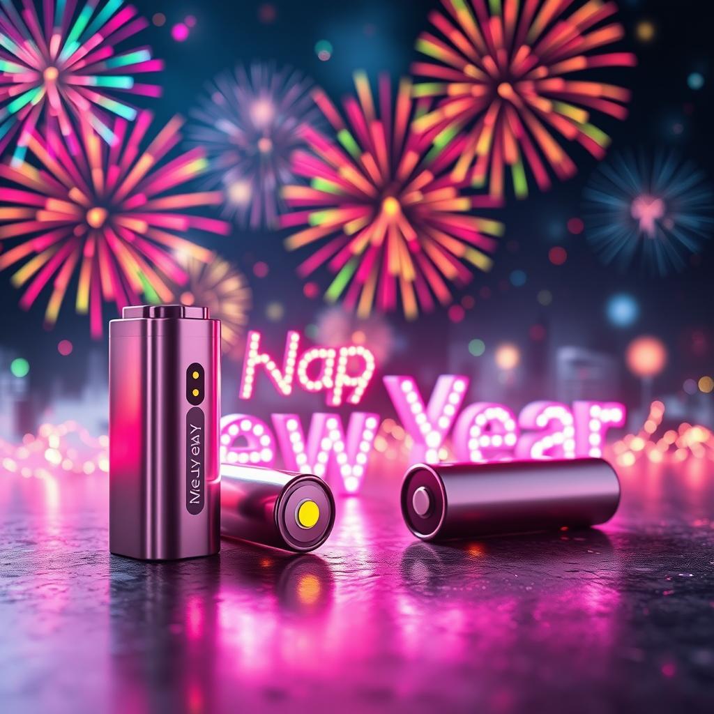 A futuristic scene depicting advanced lithium batteries with a vibrant, celebratory New Year theme