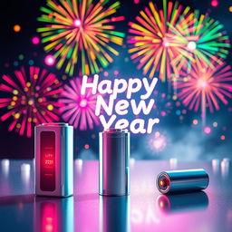 A futuristic scene depicting advanced lithium batteries with a vibrant, celebratory New Year theme