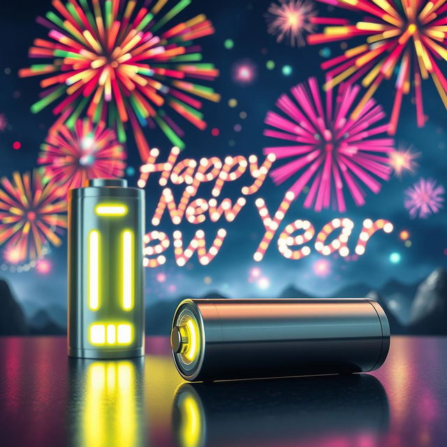 A futuristic scene depicting advanced lithium batteries with a vibrant, celebratory New Year theme