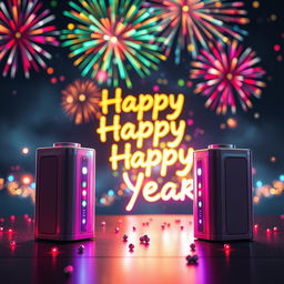 A futuristic scene depicting advanced lithium batteries with a vibrant, celebratory New Year theme