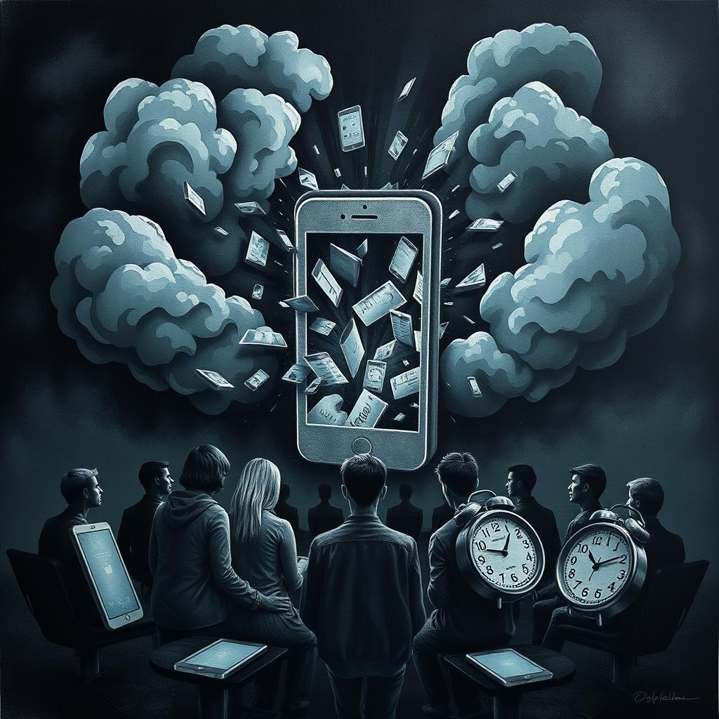 A thought-provoking poster depicting the negative impacts of Information and Communication Technology, illustrated through symbolic imagery