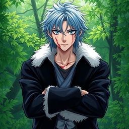 A light novel cover featuring a young adult male with long shaggy light-blue hair and striking aqua blue eyes