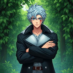 A light novel cover featuring a young adult male with long shaggy light-blue hair and striking aqua blue eyes