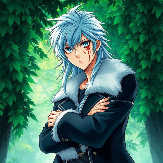 A light novel cover featuring a young adult male with long shaggy light-blue hair and striking aqua blue eyes