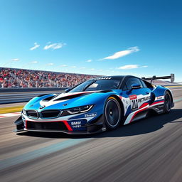 A sleek and powerful racing car from BMW, designed with aerodynamic curves, vibrant blue and white racing colors