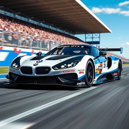 A sleek and powerful racing car from BMW, designed with aerodynamic curves, vibrant blue and white racing colors