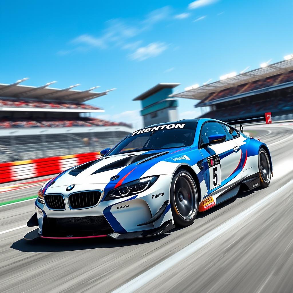 A sleek and powerful racing car from BMW, designed with aerodynamic curves, vibrant blue and white racing colors
