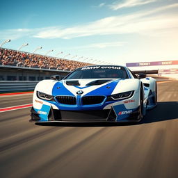 A sleek and powerful racing car from BMW, designed with aerodynamic curves, vibrant blue and white racing colors